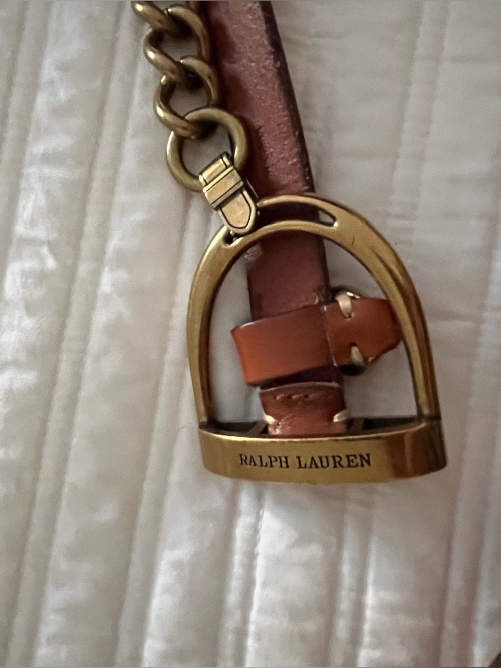 Ralph Lauren Tan Leather Stirrup Key Charm with Gold Hardware